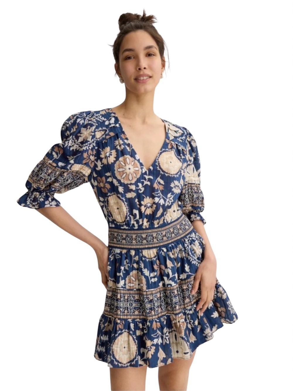 Ramy Brook Navy Blue Cotton Blend Print Dress